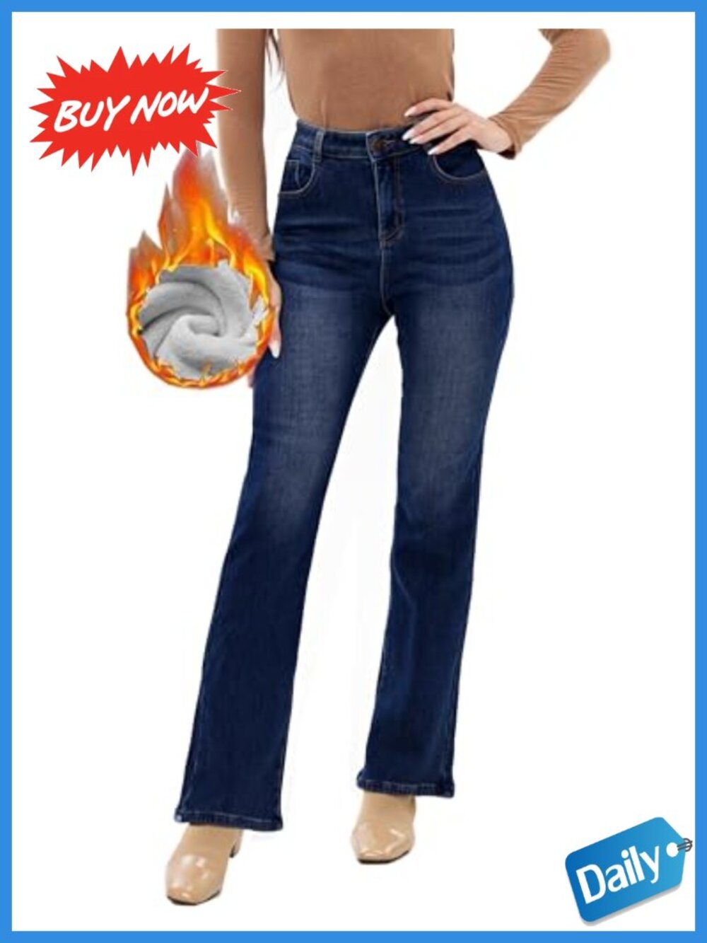 Fleece Lined Thermal Flare Bootcut Jeans High Waist Denim Pants